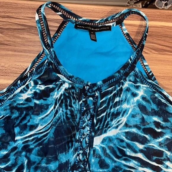 White House Black Market blue ruffle tank top with laces that tie at neck line - Picture 7 of 16